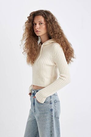 DeFacto Regular Fit Basic Düz Kapüşonlu Crop Triko Kazak C7333AX24WNER103