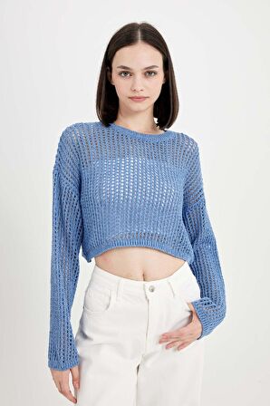 DeFacto Regular Fit Bisiklet Yaka Kroşe Ajurlu Delikli Crop Triko Kazak T4513AZ24AUBE113