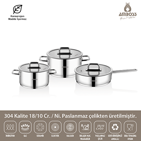 Nova 6 Parça Paslanmaz Çelik Cam Kapaklı Tencere Tava Seti 