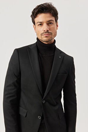 Erkek Siyah Slim Fit Dar Kesim Mono Yaka Siyah Takım Elbise