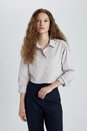 DeFacto Oversize Geniş Kalıp Crop Poplin Uzun Kollu Gömlek C5026AX24SPGR492
