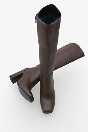 Kadın Fermuarlı Kalın Ökçe Topuklu Çizme İslor Kahve