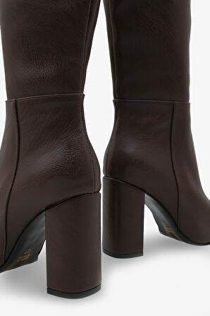 Kadın Fermuarlı Kalın Ökçe Topuklu Çizme İslor Kahve