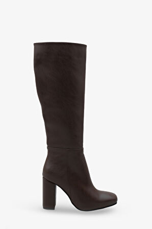 Kadın Fermuarlı Kalın Ökçe Topuklu Çizme İslor Kahve