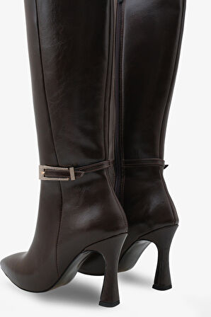 Kadın Tokalı Yandan Fermuarlı Topuklu Sivri Burun Günlük Çizme Kilves Kahve