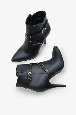 Kadın Kemerli Yandan Fermuarlı Sivri Burun Günlük Topuklu bot Tery Siyah