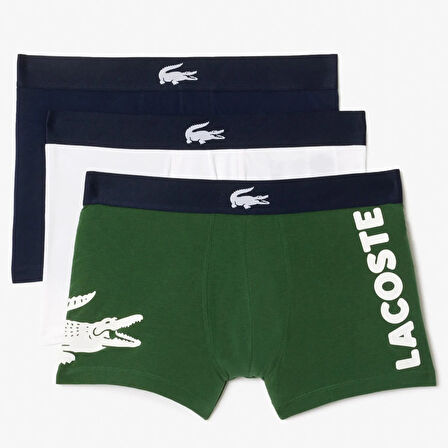 Lacoste Cotton Stretch Ultra Comfortable Trunk Erkek 3 lü Boxer Siyah Yeşil Beyaz