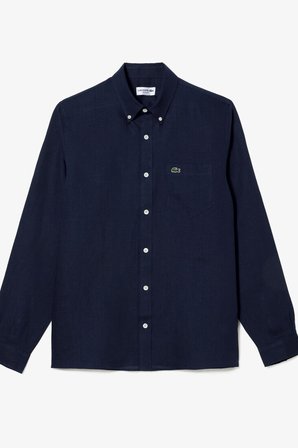 Lacoste Men's Regular Fit Button-Down Collar Linen Shirt Erkek Düğmeli Yaka Keten Gömlek Lacivert