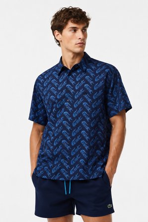 Lacoste Men's Relaxed Fit Navy Shirt Bol Kesim Erkek Kısa Kol Gömlek Lacivert
