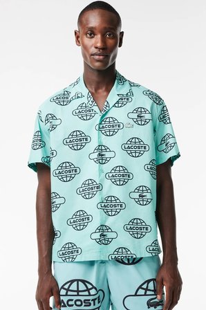 Lacoste Men's Relaxed Fit Green Shirt Bol Kesim Desenli Erkek Gömlek Yeşil
