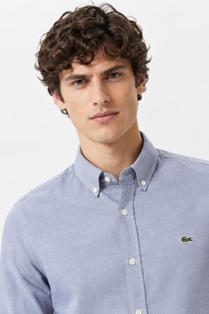 Lacoste Mens Slim Fit Gray Cotton Shirt Dar Kesim Pamuklu Erkek Gömlek Gri