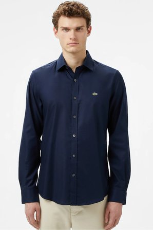 Lacoste Men's Slim Fit Button-Down Collar Linen Shirt Erkek Düğmeli Yaka Pamuklu Gömlek Lacivert