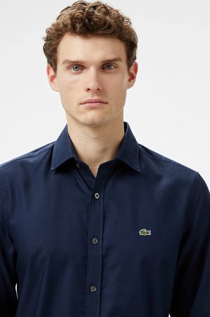 Lacoste Men's Slim Fit Button-Down Collar Linen Shirt Erkek Düğmeli Yaka Pamuklu Gömlek Lacivert