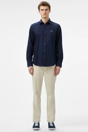 Lacoste Men's Slim Fit Button-Down Collar Linen Shirt Erkek Düğmeli Yaka Pamuklu Gömlek Lacivert