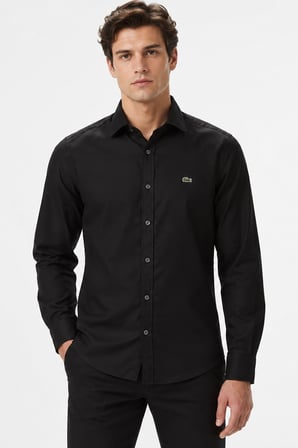 Lacoste Men's Slim Fit Button-Down Collar Linen Shirt Erkek Düğmeli Yaka Pamuklu Gömlek Siyah