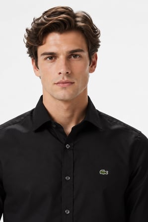 Lacoste Men's Slim Fit Button-Down Collar Linen Shirt Erkek Düğmeli Yaka Pamuklu Gömlek Siyah