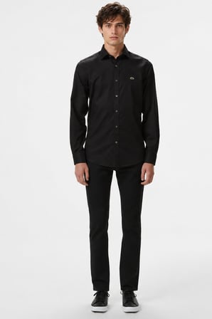 Lacoste Men's Slim Fit Button-Down Collar Linen Shirt Erkek Düğmeli Yaka Pamuklu Gömlek Siyah