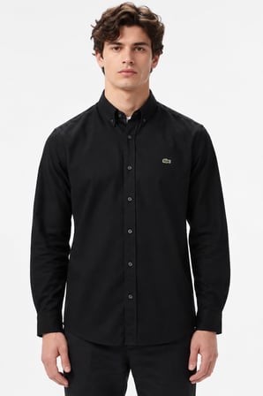 Lacoste Mens Slim Fit Black Cotton Shirt Dar Kesim Pamuklu Erkek Gömlek Siyah