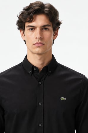 Lacoste Mens Slim Fit Black Cotton Shirt Dar Kesim Pamuklu Erkek Gömlek Siyah