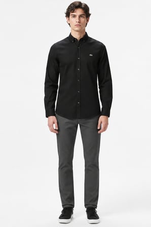 Lacoste Mens Slim Fit Black Cotton Shirt Dar Kesim Pamuklu Erkek Gömlek Siyah