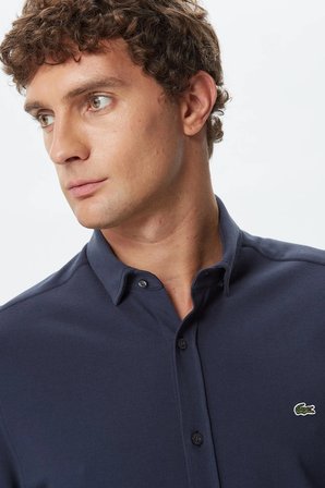 Lacoste Men's Slim Fit Button-Down Collar Linen Shirt Erkek Düğmeli Yaka Pamuklu Gömlek Lacivert