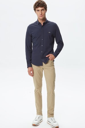 Lacoste Men's Slim Fit Button-Down Collar Linen Shirt Erkek Düğmeli Yaka Pamuklu Gömlek Lacivert
