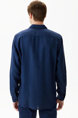 Lacoste Men's Regular Fit Button-Down Collar Linen Shirt Erkek Düğmeli Yaka Keten Gömlek Lacivert