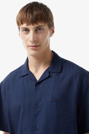 Lacoste Men's Relaxed Fit Shirt Rahat Kesim Kısa Kollu Erkek Keten Gömlek Lacivert