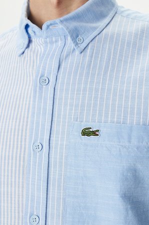 Lacoste Men's Regular Fit Button-Down Collar Linen Shirt Blue Erkek Düğmeli Yaka Keten Çizgili Gömlek Mavi