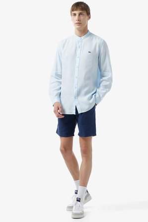 Lacoste Men's Regular Fit Button-Down Collar Linen Shirt Erkek Düğmeli Hakim Yaka Keten Gömlek Mavi
