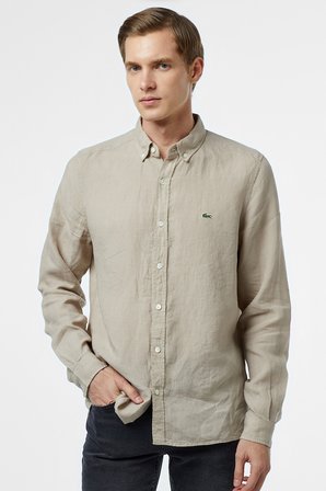 Lacoste Men's Regular Fit Button-Down Collar Linen Shirt Erkek Düğmeli Yaka Keten Gömlek Bej