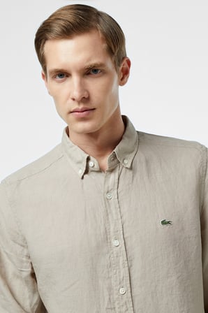 Lacoste Men's Regular Fit Button-Down Collar Linen Shirt Erkek Düğmeli Yaka Keten Gömlek Bej