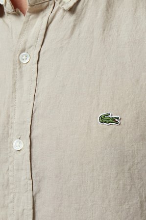 Lacoste Men's Regular Fit Button-Down Collar Linen Shirt Erkek Düğmeli Yaka Keten Gömlek Bej