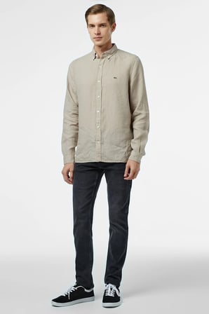 Lacoste Men's Regular Fit Button-Down Collar Linen Shirt Erkek Düğmeli Yaka Keten Gömlek Bej