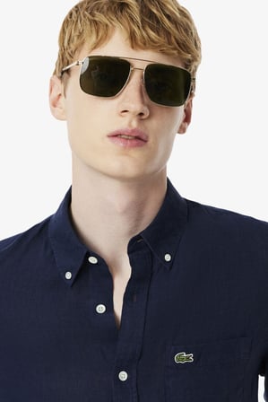 Lacoste Men's Regular Fit Button-Down Collar Linen Shirt Erkek Düğmeli Yaka Keten Gömlek Lacivert