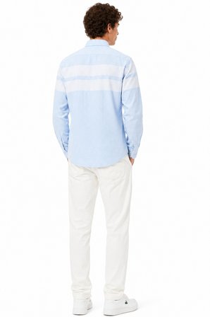 Lacoste Men's Slim Fit Blue Shirt Slim Fit Pamuklu Renk Bloklu Erkek Gömlek Mavi