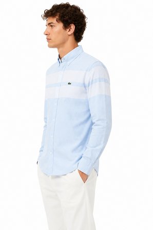 Lacoste Men's Slim Fit Blue Shirt Slim Fit Pamuklu Renk Bloklu Erkek Gömlek Mavi