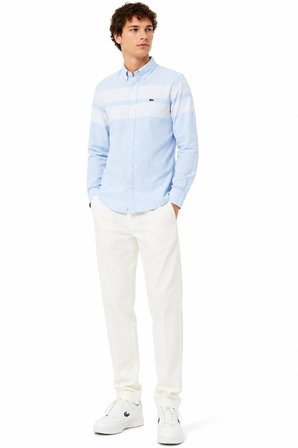 Lacoste Men's Slim Fit Blue Shirt Slim Fit Pamuklu Renk Bloklu Erkek Gömlek Mavi