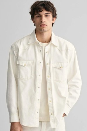 GANT Mens Relaxed Fit Rel Denim Rodeo Shirt Erkek Kanvas Klasik Yaka Çıt Çıtlı Rahat Kesim Gömlek Krem