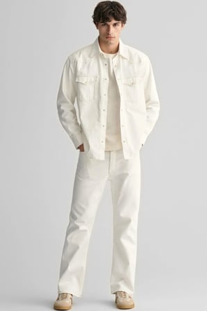 GANT Mens Relaxed Fit Rel Denim Rodeo Shirt Erkek Kanvas Klasik Yaka Çıt Çıtlı Rahat Kesim Gömlek Krem