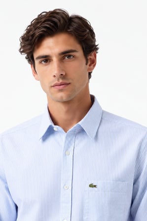 Lacoste Men's Regular Fit Shirt Organik Pamuk Çizgili Erkek Gömlek Açık Mavi