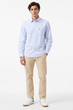 Lacoste Men's Regular Fit Shirt Organik Pamuk Çizgili Erkek Gömlek Açık Mavi