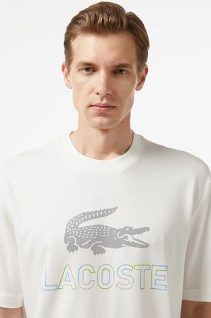 Lacoste Men's Loose Fit Tshirt Pamuklu Geniş Kalıp Reflektörlü Bisiklet Yaka Baskılı Erkek Tişört Krem