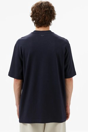 Lacoste Men's Loose Fit Navy Tshirt Pamuklu Geniş Kalıp Reflektörlü Bisiklet Yaka Baskılı Erkek Tişört Lacivert