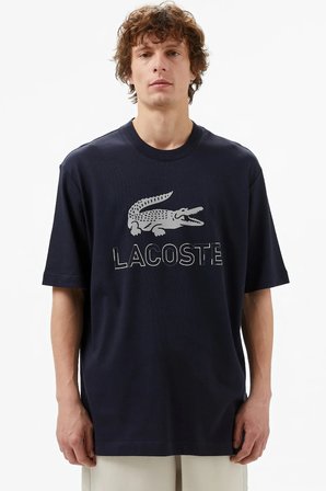 Lacoste Men's Loose Fit Navy Tshirt Pamuklu Geniş Kalıp Reflektörlü Bisiklet Yaka Baskılı Erkek Tişört Lacivert