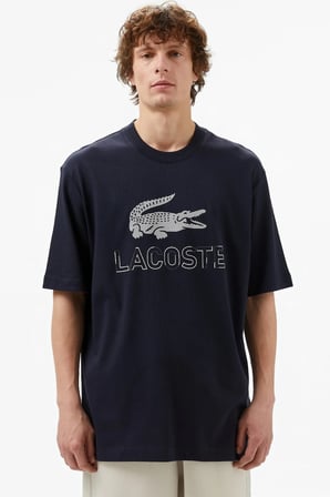 Lacoste Men's Loose Fit Navy Tshirt Pamuklu Geniş Kalıp Reflektörlü Bisiklet Yaka Baskılı Erkek Tişört Lacivert