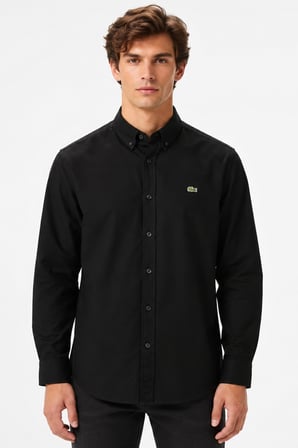 Lacoste Mens Slim Fit Black Shirt Dar Kesim Pamuklu Erkek Gömlek Siyah