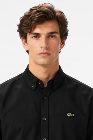 Lacoste Mens Slim Fit Black Shirt Dar Kesim Pamuklu Erkek Gömlek Siyah