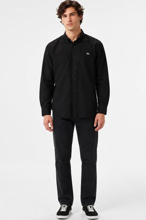 Lacoste Mens Slim Fit Black Shirt Dar Kesim Pamuklu Erkek Gömlek Siyah