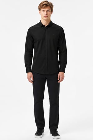 Lacoste Mens Slim Fit Black Cotton Shirt Dar Kesim Pamuklu Erkek Gömlek Siyah
